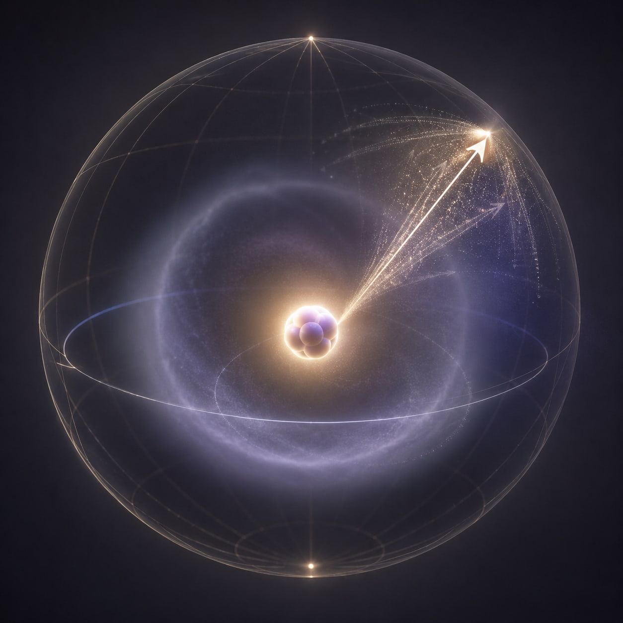 Illustration conceptuelle associant une sphère d’état quantique, une flèche d’orientation et un nuage électronique autour d’un noyau.