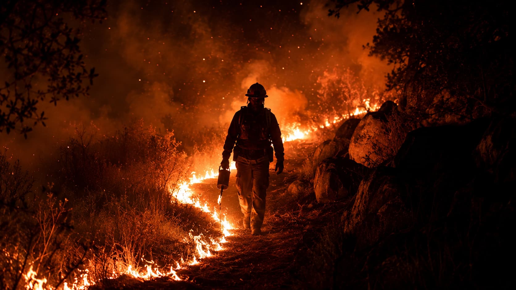 Personne en tenue de lutte contre les incendies avançant le long d’une ligne de feu dans un paysage nocturne.