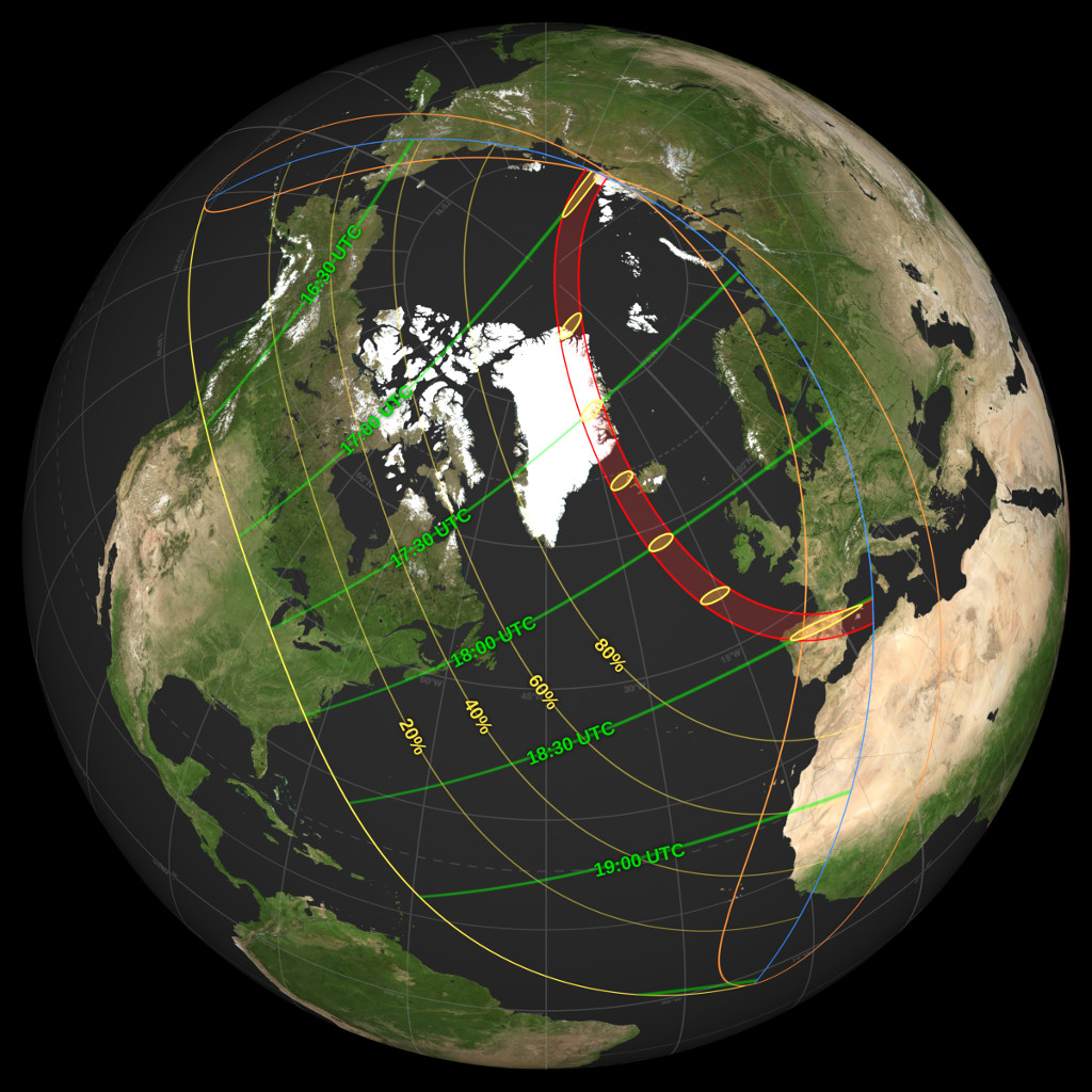 Carte mondiale de l’éclipse solaire du 12 août 2026 montrant la bande de totalité entre l’Arctique et l’Espagne.