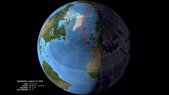 Animation montrant le déplacement de l’ombre de la Lune sur la Terre pendant l’éclipse solaire du 12 août 2026.