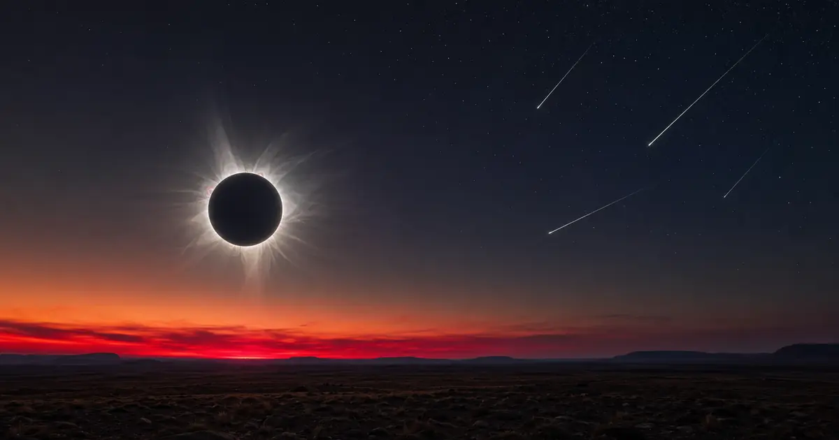 Illustration d’une éclipse totale basse sur un horizon rouge, suivie d’un ciel nocturne traversé par les Perséides.