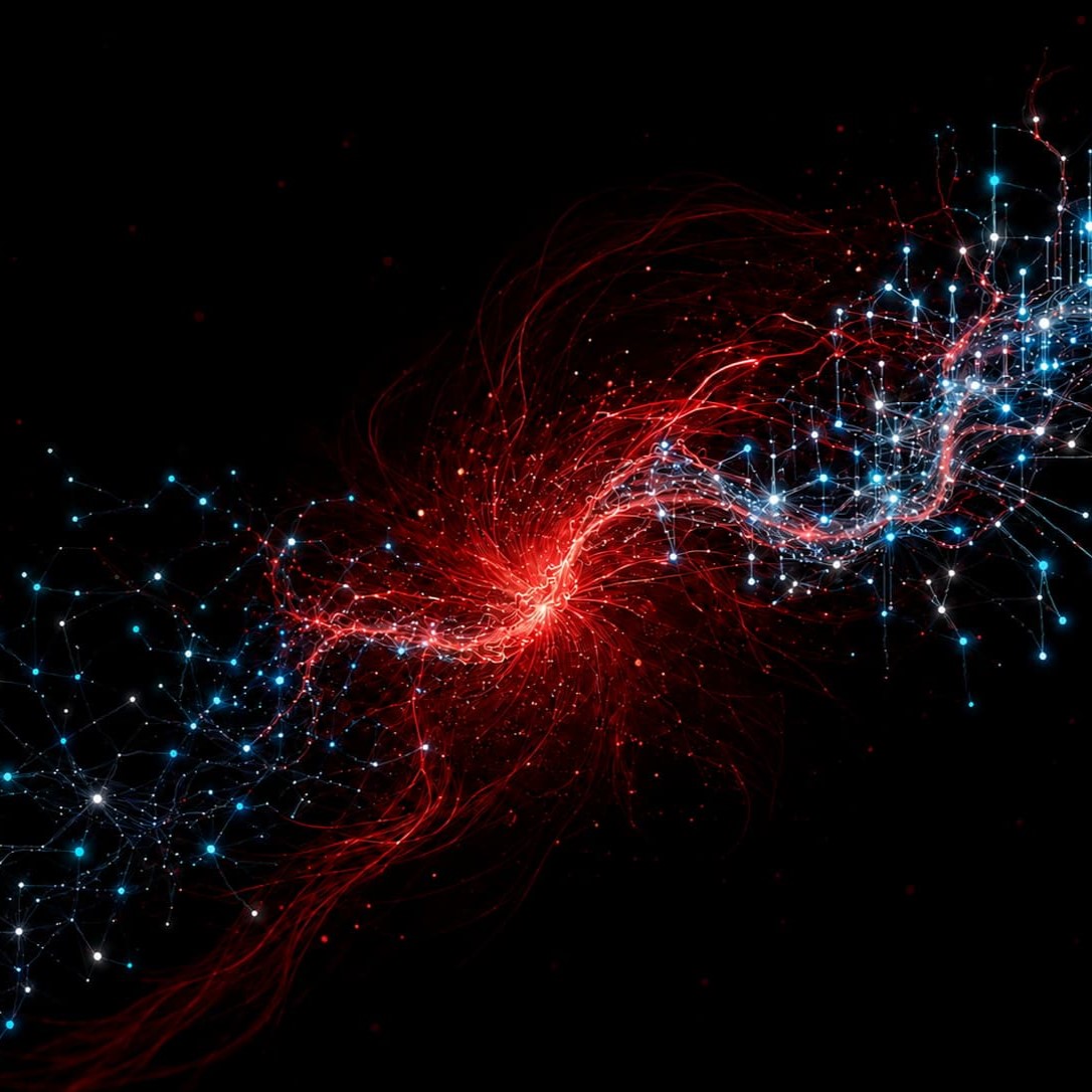 Réseau numérique cyan et blanc s’organisant autour d’un mouvement rouge sur fond noir