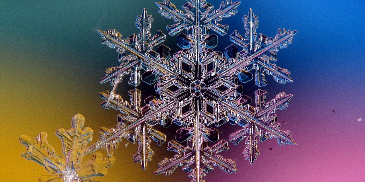 Deux cristaux de neige aux structures hexagonales sur un fond coloré