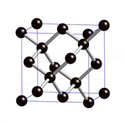 Animation de la maille cubique du diamant montrant les atomes de carbone organisés en réseau cristallin