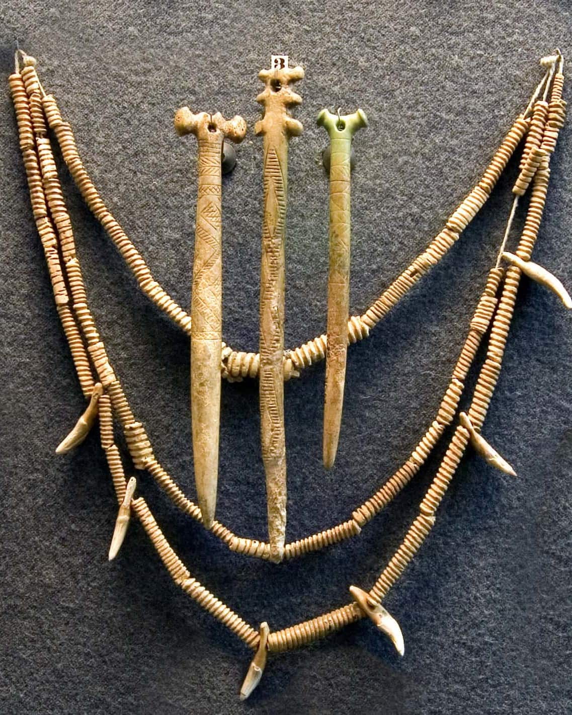 Parures en os et dents animales attribuées à la culture Yamna, conservées au musée de l’Ermitage.