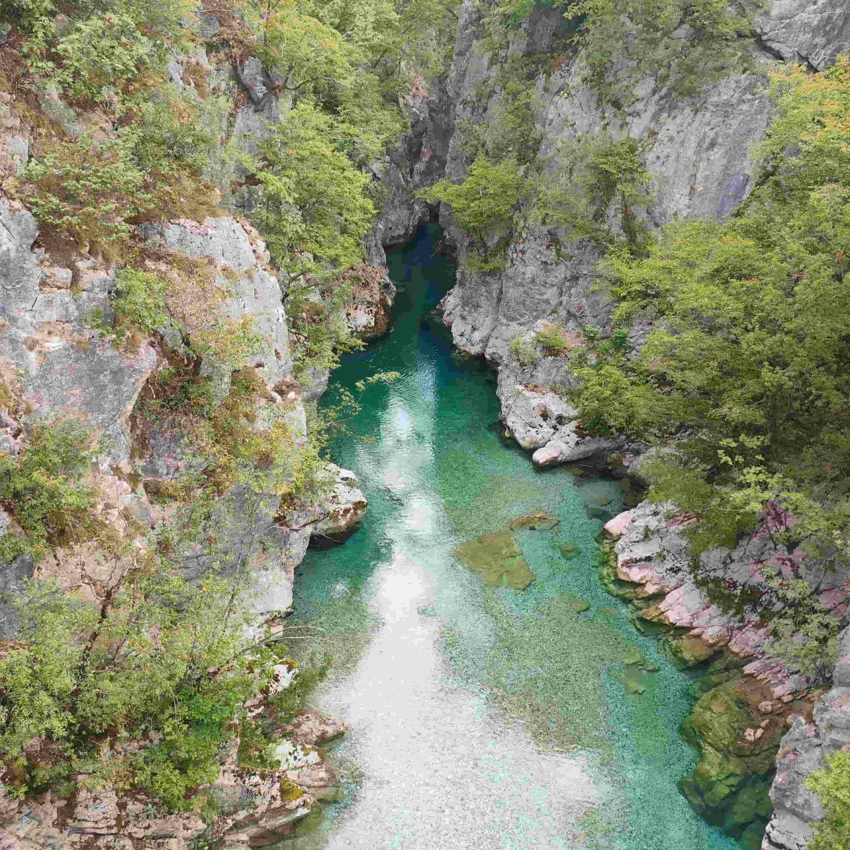 Rivière turquoise entre des falaises boisées dans les Alpes albanaises.