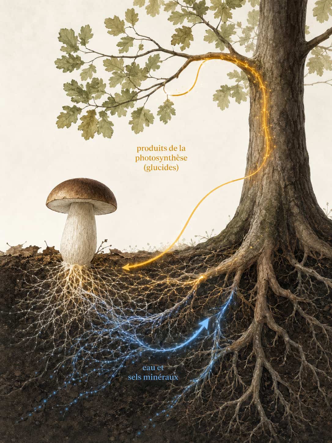 Schéma montrant les échanges entre un arbre et un champignon par le réseau mycorhizien : eau, minéraux et produits de la photosynthèse.