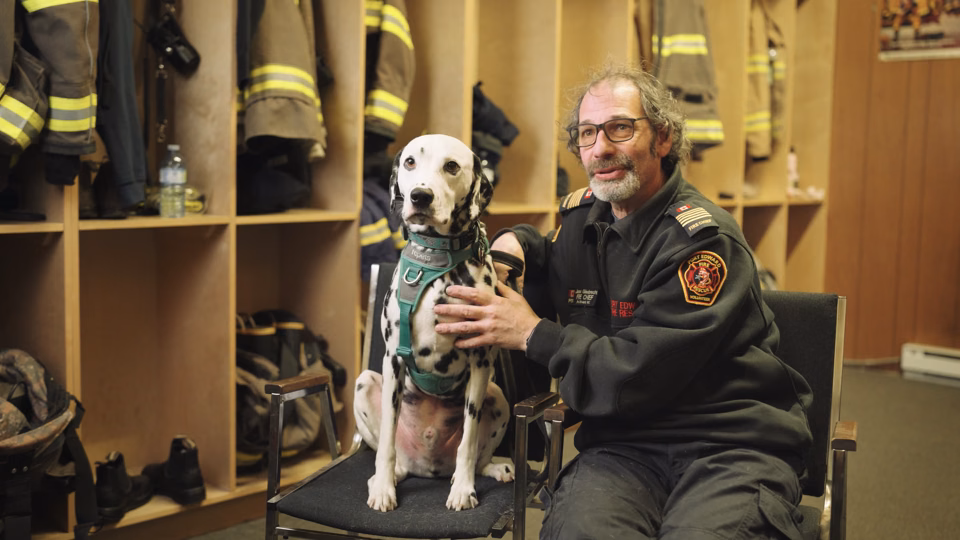 Firefighter in uniform sitting next to a Dalmatian dog wearing a green harness in a fire station locker room.
