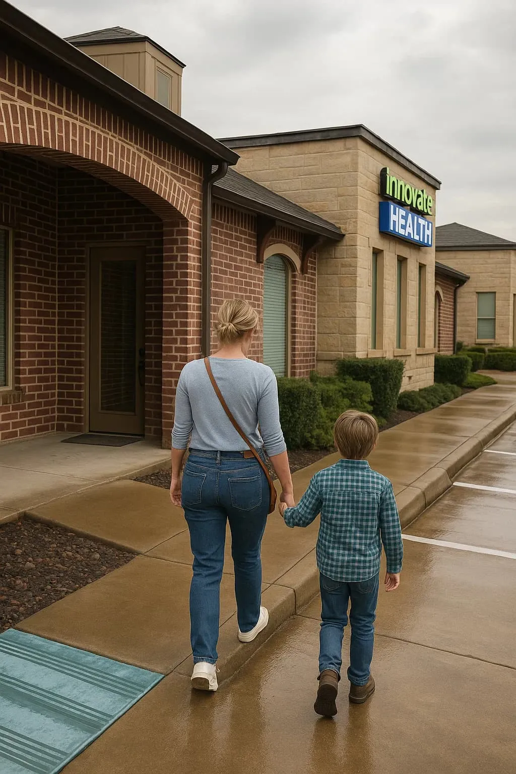 A mother and her young son walking hand-in-hand toward the brick entrance of the Innovate Health clinic.