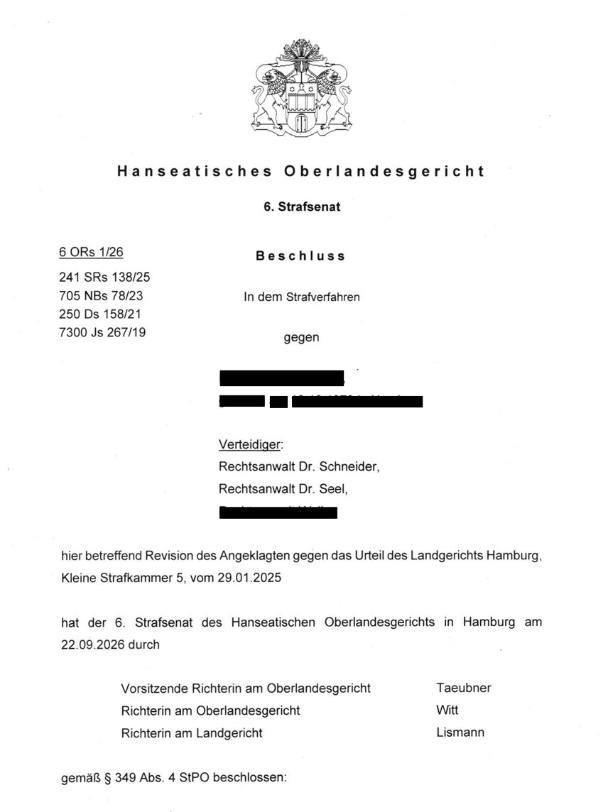 Entscheidung des Hanseatischen Oberlandesgerichts zur vollständigen Aufhebung eines Urteils des Landgerichts Hamburg wegen Betrugs, Seite 1
