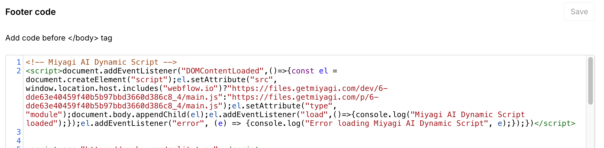 A JavaScript code snippet for a footer, used to add a dynamic script to the footer of a website, specifically loading the Miyagi AI Dynamic Script.