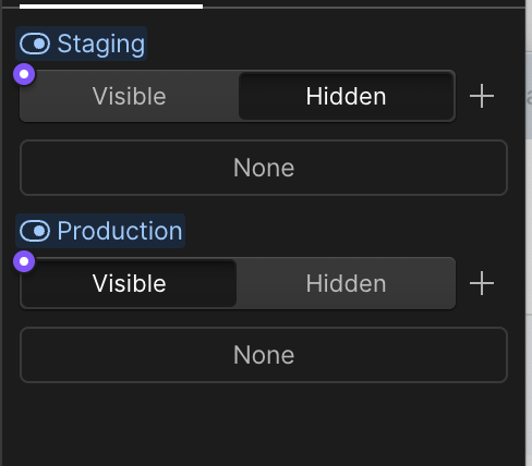 A user interface element with "Staging" and "Production" sections, each having a "Visible" toggle switch, a "Hidden" toggle, a plus sign, and a "None" field below.