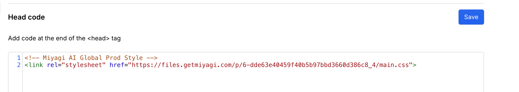 A code snippet for adding a stylesheet to the head of an HTML document, with the title "Head code" and instructions to add the code at the end of the <head> tag. A blue "Save" button is visible.
