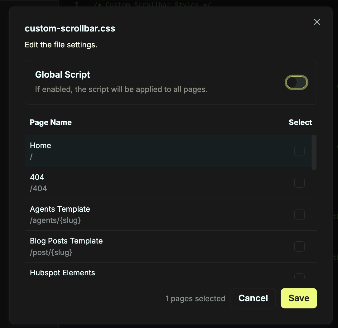 A settings panel for a CSS file named "custom-scrollbar.css", showing options to enable a global script and select specific pages for the CSS to apply to, with the Home page currently selected.