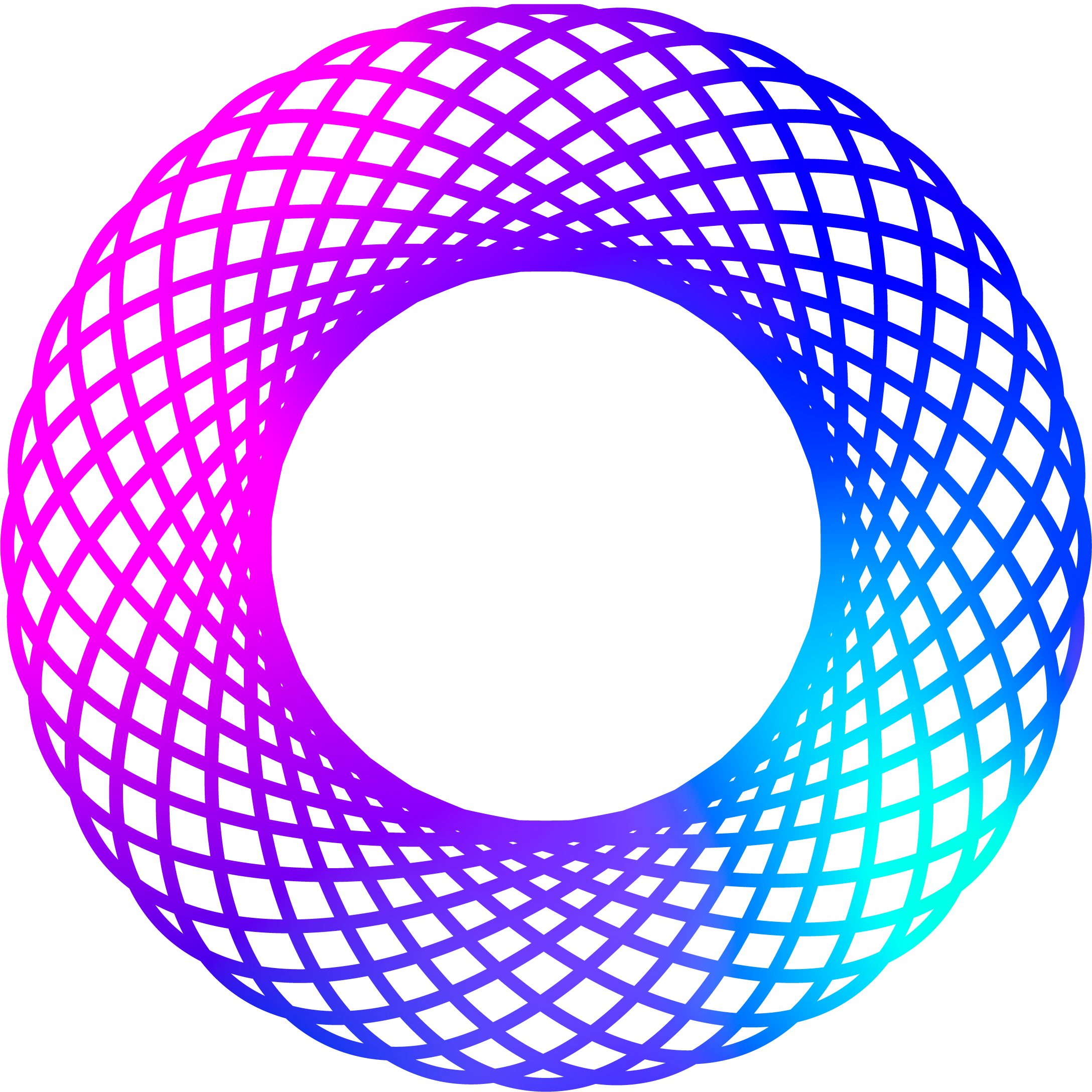 Colorful spirograph pattern forming a circular lattice gradiented from pink to blue on a black background.