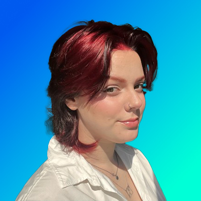 Young person with short dark red hair wearing a white collared shirt against a blue to turquoise gradient background.