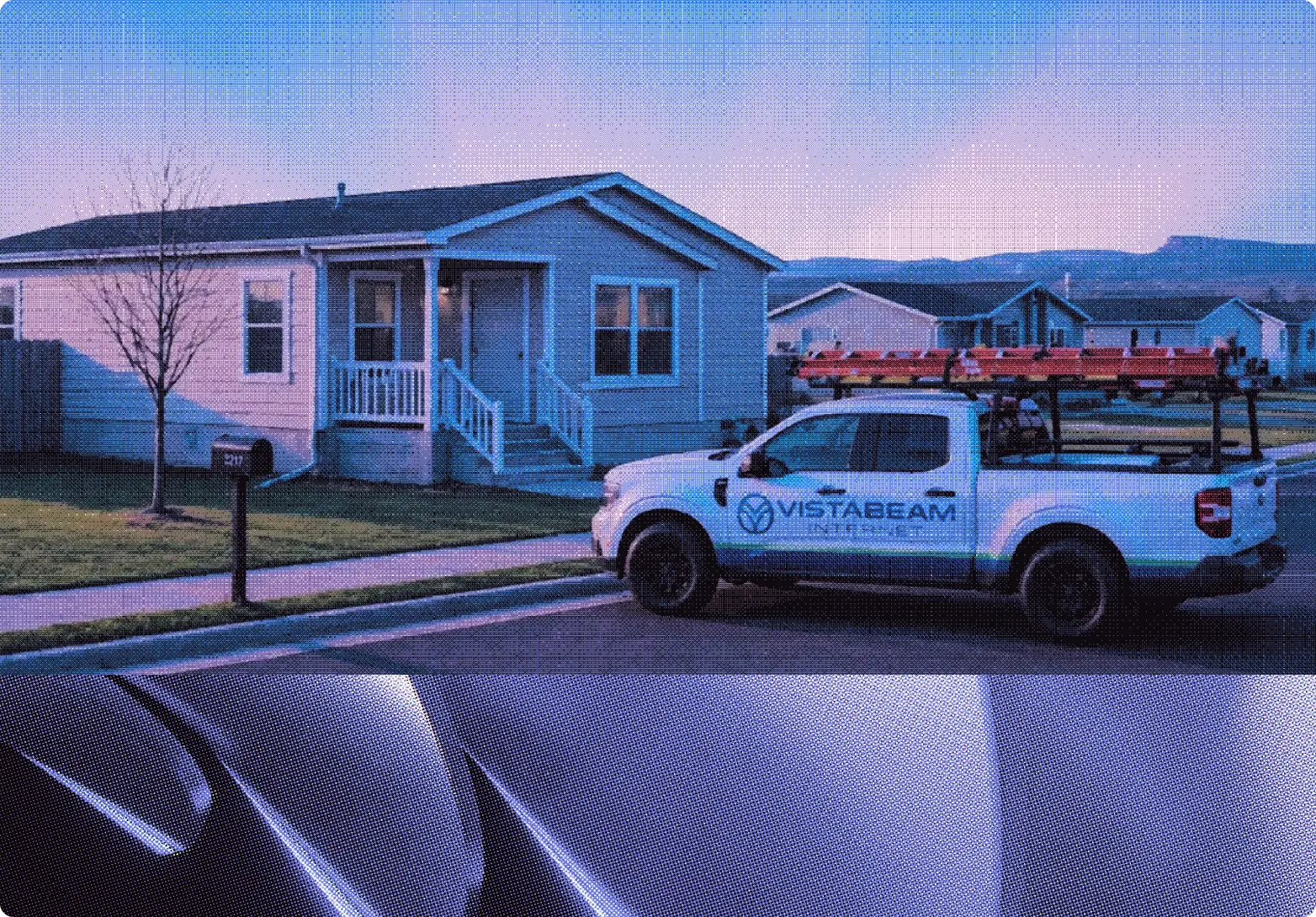 A digital collage of technical looking smooth abstract shapes juxtaposed with a photo of a white pickup truck with VistaBeam logo parked on a street in front of a single-story suburban house at dusk. 

The image is rendered in a lo-res digital style with visible dithered shading and pixellation.