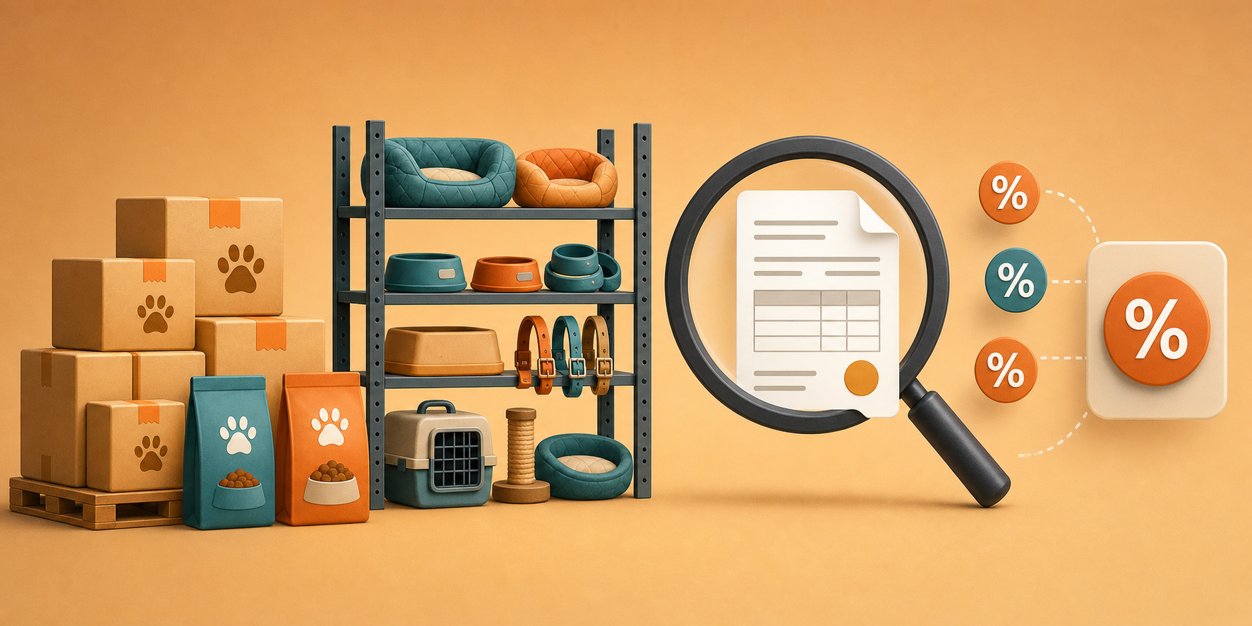 A flat-style illustration showing a pet product supply chain: stacked boxes of pet food and pet accessories on warehouse shelving, with a magnifying glass highlighting a financial invoice document, and percentage symbols floating nearby representing automatic deductions being applied. Warm earthy tones with orange and teal accents. No text, no words, no letters.