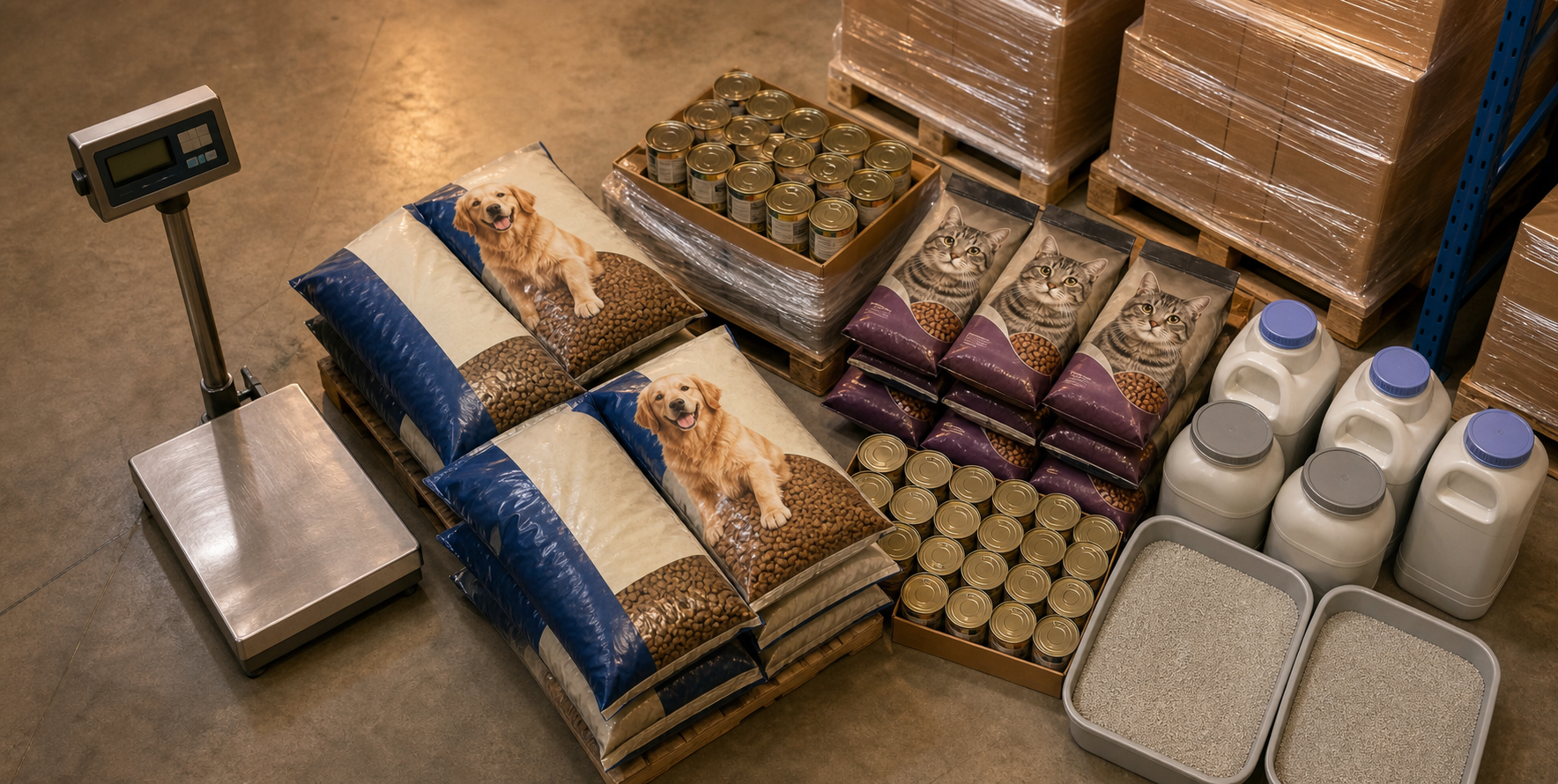 A flat-lay overhead view of heavy pet CPG products — large bags of dry kibble, cans of wet food, and containers of cat litter — arranged on a warehouse floor next to a freight scale and shipping pallets, warm industrial lighting, realistic photographic style, no text or labels