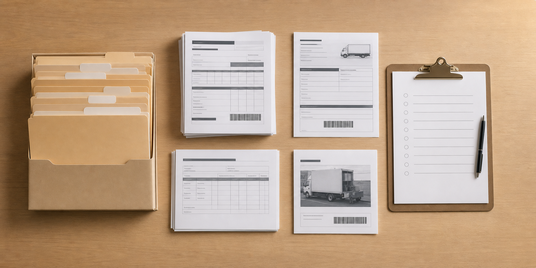 A clean overhead flat-lay of a organized dispute documentation package on a desk: a neatly stacked folder labeled with tabs, printed shipping manifests, a bill of lading document, a purchase order, and a carrier delivery confirmation printout, arranged alongside a clipboard with a checklist, warm office lighting, realistic photographic style, no text or labels visible