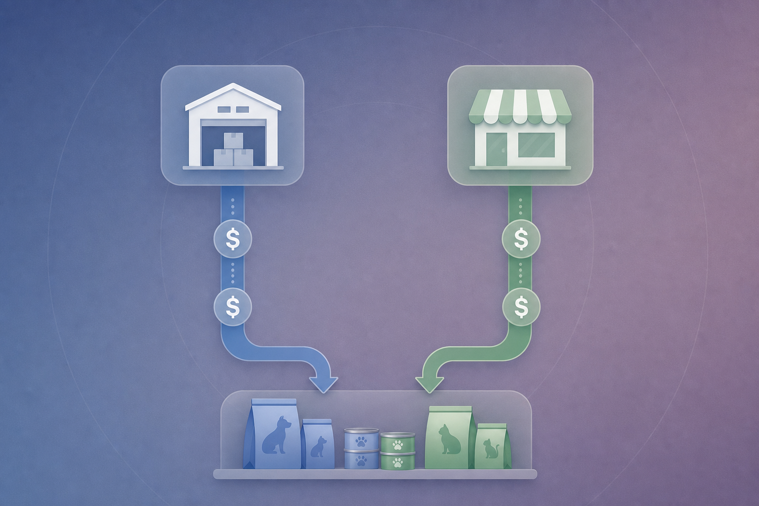 A clean flat-design illustration showing two parallel vertical pipelines or channels flowing downward toward a retail store shelf stocked with pet food products. One pipeline is labeled with a warehouse/distribution center icon at the top, and the other with a storefront icon. Both pipelines converge at the bottom shelf, with dollar sign deduction symbols appearing along each pipeline to represent fees being applied from two separate directions simultaneously. Muted professional color palette with blues and greens, no text or letters anywhere in the image.