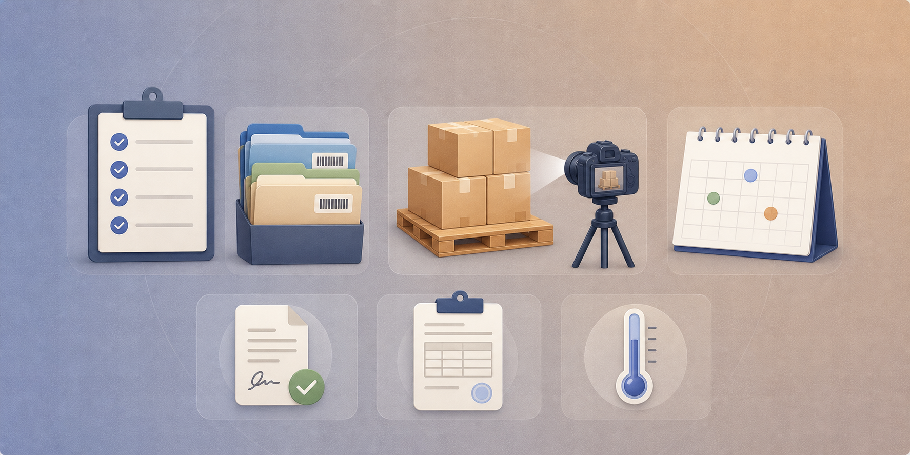 A clean flat-design illustration of an organized shipment documentation system: a clipboard with a checklist, a stack of neatly filed folders labeled with barcodes, a pallet with boxes and a camera photographing it, and a calendar with deadline markers. Icons representing a signed delivery receipt, a bill of lading document, and a thermometer log are arranged in a structured grid layout. Professional muted color palette with blues, greens, and warm neutrals. No text, words, or letters anywhere in the image.
