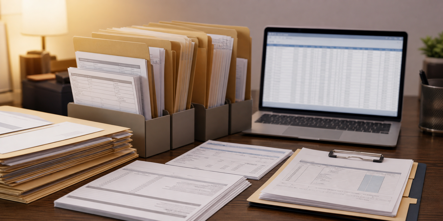 A neatly organized desk with stacked manila folders, printed shipping documents, bills of lading, and purchase order papers arranged in labeled file holders, a laptop showing spreadsheet data in the background, warm office lighting, clean and professional workspace, realistic photographic style, no people visible, emphasis on document organization and paper trail management