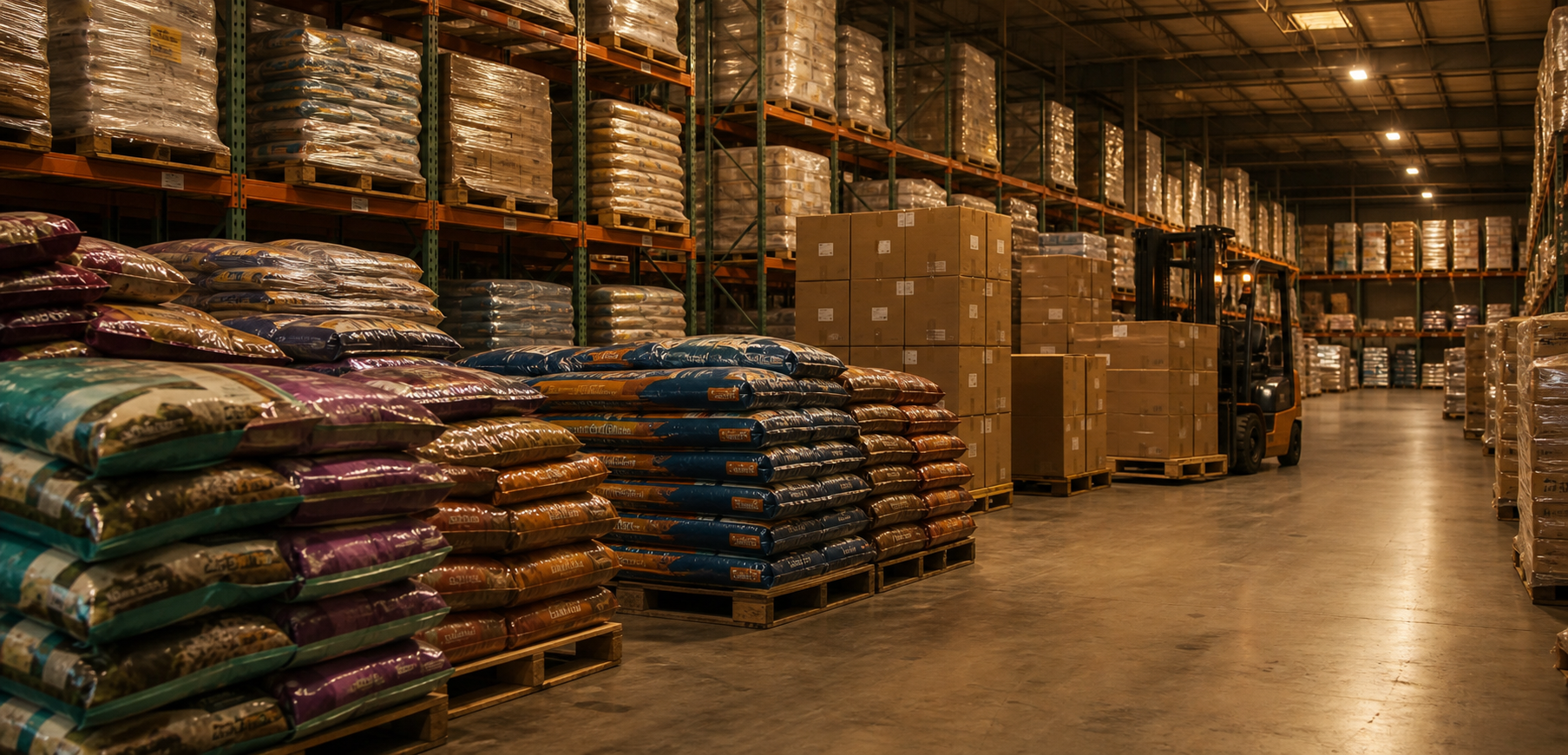 A wide warehouse fulfillment center with pallets of large pet food bags and heavy boxes stacked on industrial shelving, a forklift moving oversized cartons in the background, warm overhead lighting casting shadows across the concrete floor, realistic photographic style, no people in foreground, emphasis on scale and volume of heavy bulk goods
