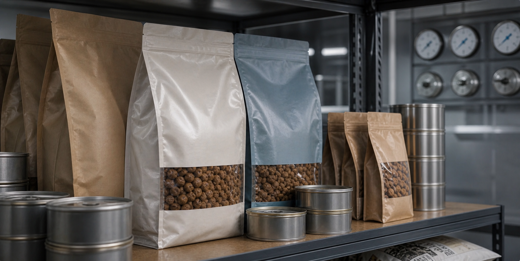 A close-up arrangement of premium pet food products — bags of dry kibble, canned wet food tins, and treat pouches — stacked on a warehouse shelf with cold storage temperature gauges in the background, soft industrial lighting, photorealistic style, no text or labels