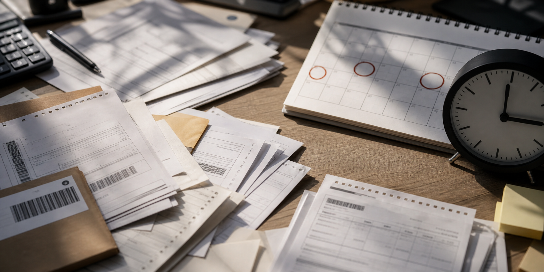 A dramatic close-up of a desk with multiple overlapping paper invoices and shipping documents, a calendar with red deadline circles, and a visible clock showing time running out, soft overhead office lighting casting sharp shadows, photorealistic style, no text or labels anywhere