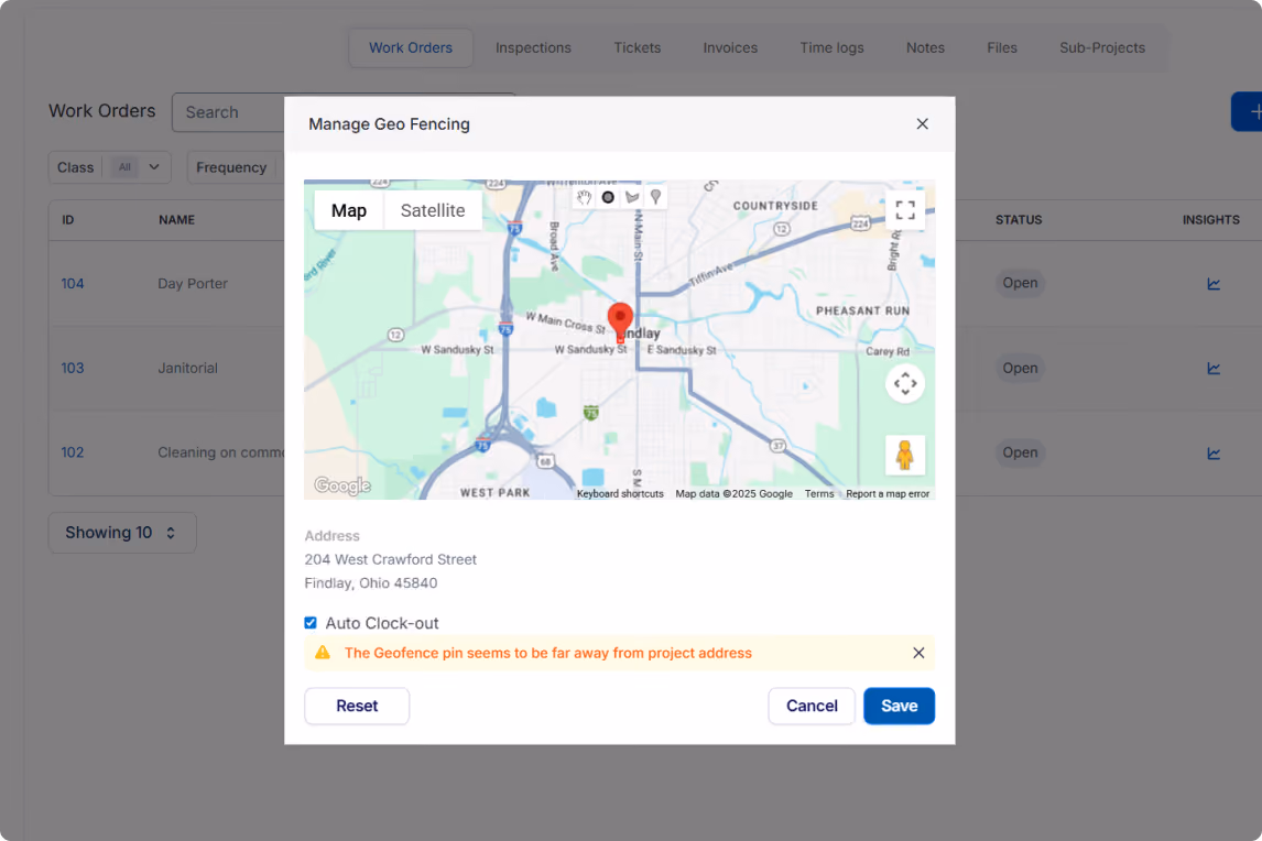 Popup window titled Manage Geo Fencing shows a map with a red geofence pin in Findlay, Ohio, address 204 West Crawford Street, with an Auto Clock-out option checked and a warning that the geofence pin seems far from the project address, with Reset, Cancel, and Save buttons below on uSource Enterprise App.