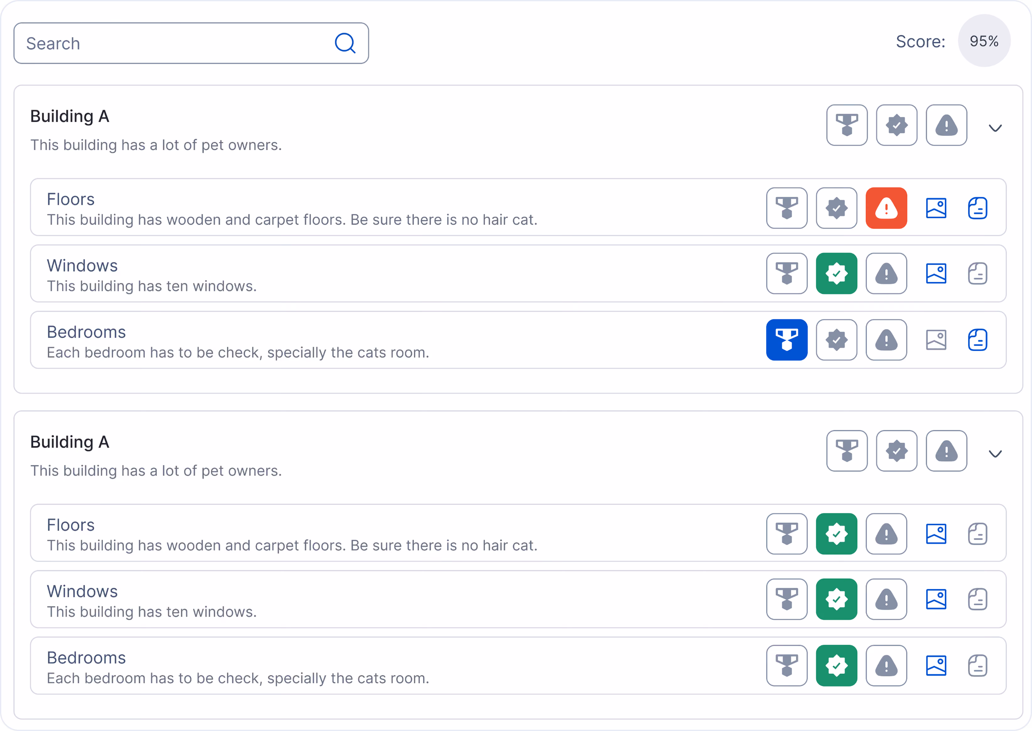 Inspection summary for Building A including Floors, Windows, and Bedrooms with status icons indicating alerts and check marks on uSource Enterprise App.
