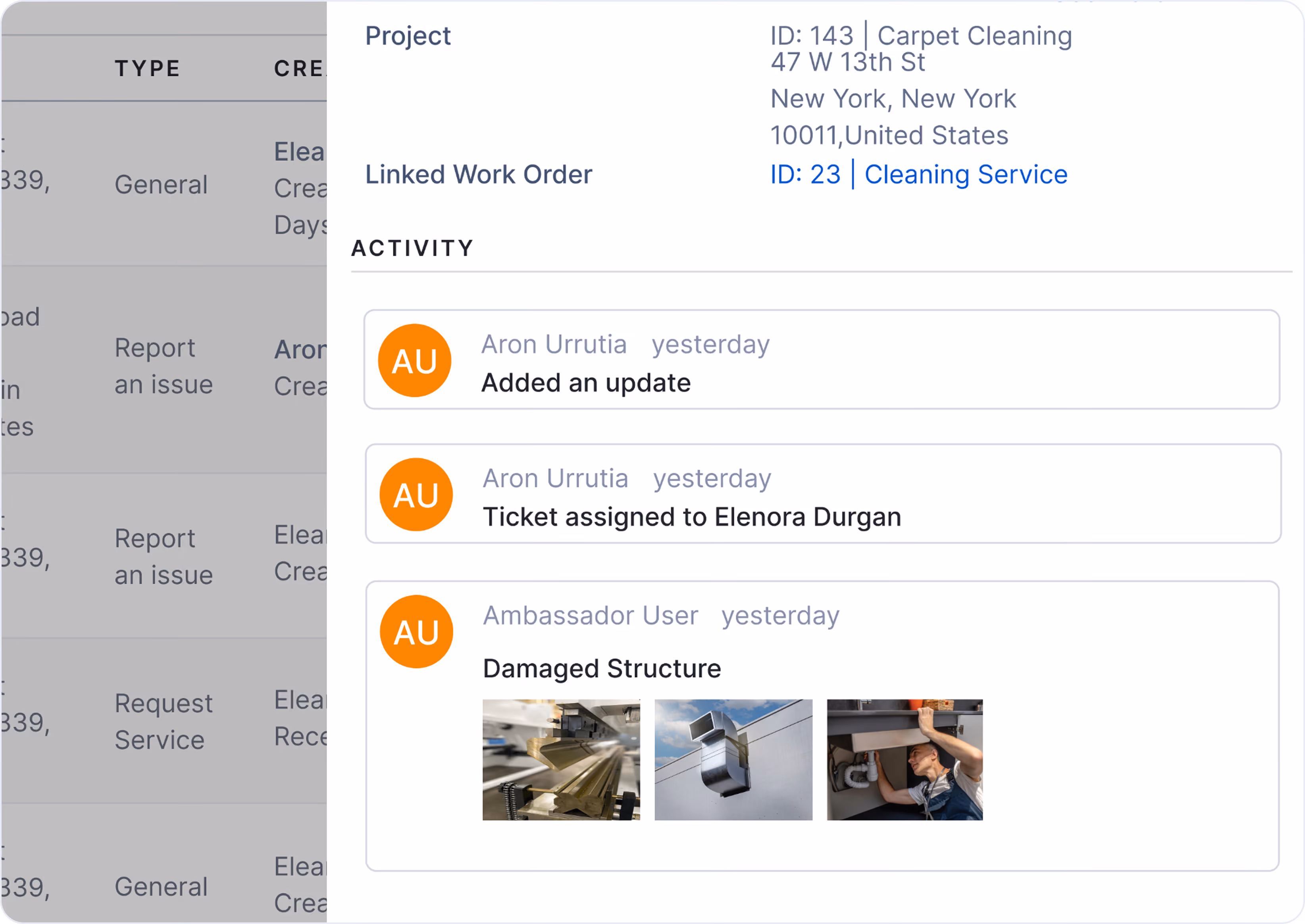 Project details for Carpet Cleaning at 47 W 13th St, New York, with linked work order Cleaning Service and activity updates including updates, ticket assignment, and damaged structure with three related images on uSource Enterprise App.