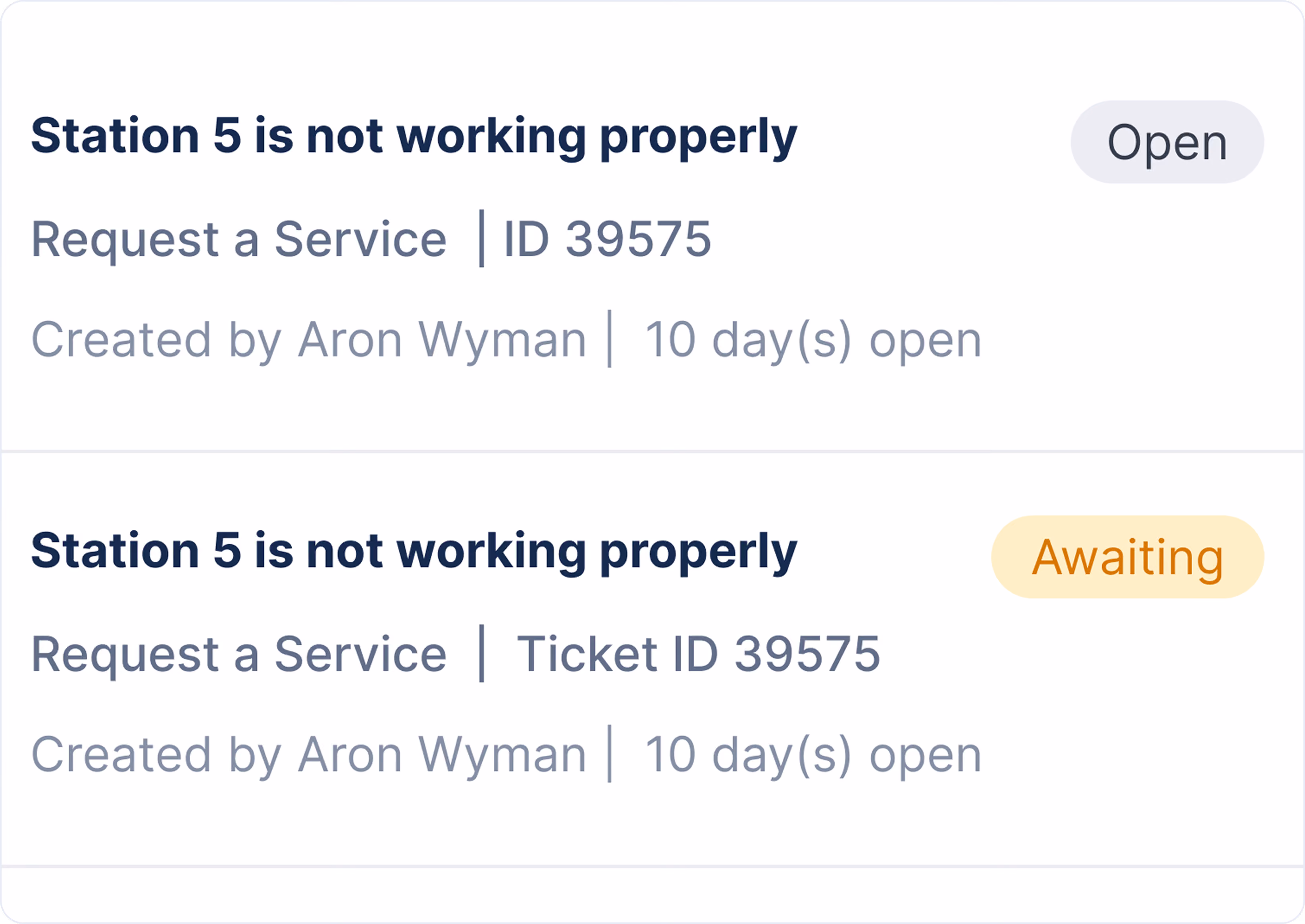 Two service request tickets for 'Station 5 is not working properly' with status labels 'Open' and 'Awaiting', created by Aron Wyman, open for 10 days on uSource Enterprise App.