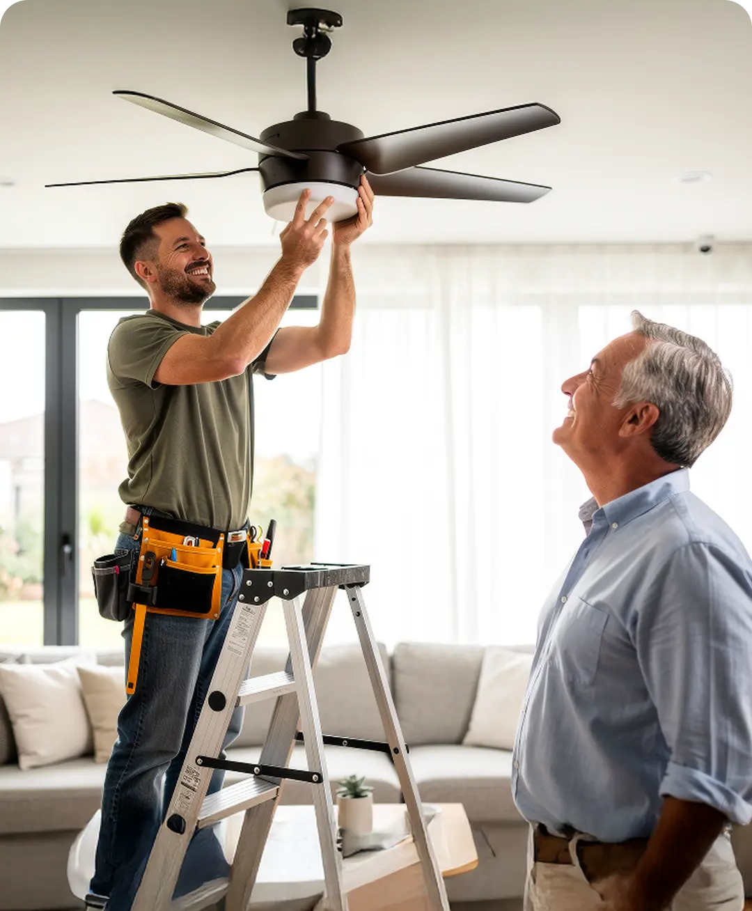 Handyman on a ladder installing a ceiling fan while an older man watches in a living room hired with uSource app