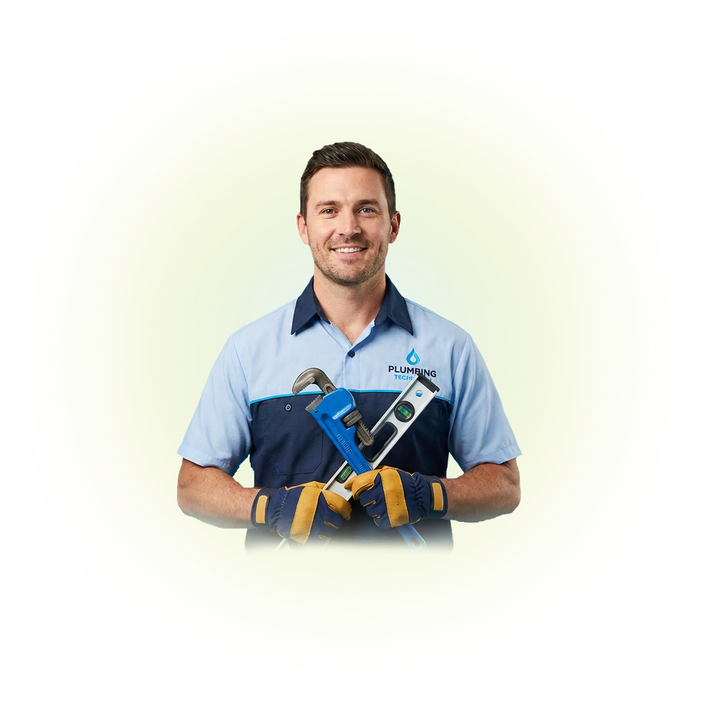 Smiling male plumber in uniform holding a pipe wrench and a level tool with gloves on, against a green circular background on uSource Hub App