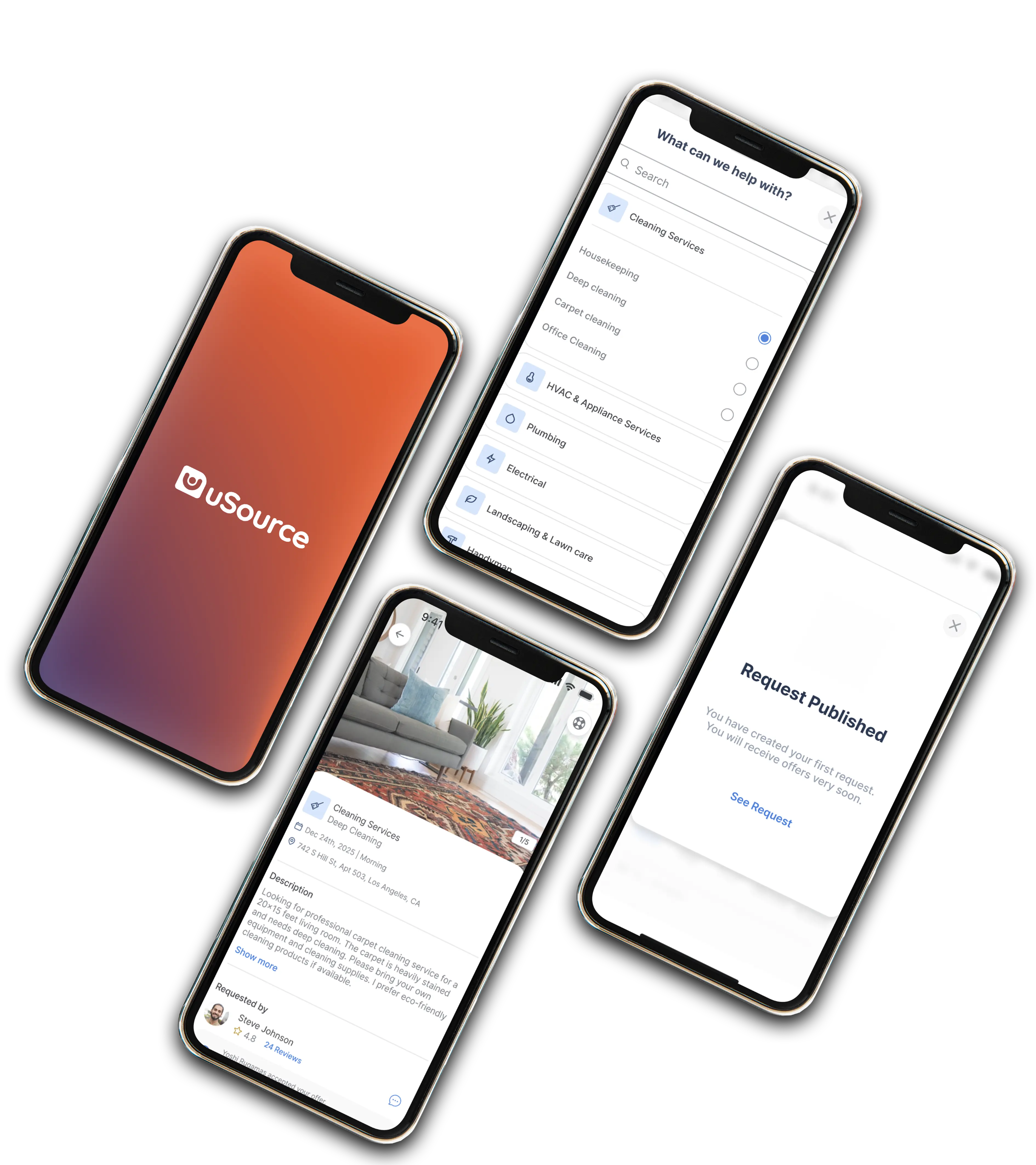 Four smartphones showing uSource app screens: logo, service category selection, detailed cleaning service request with photo, and confirmation of published request.