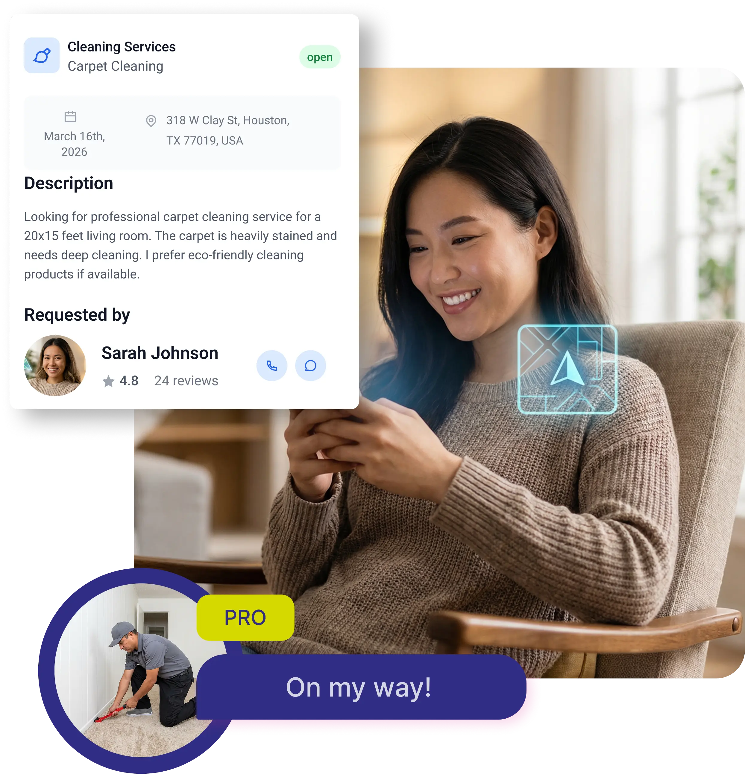 Woman sitting in a chair smiling at uSource mobile app with an overlay showing a carpet cleaning service request and a pro cleaner confirming 'On my way!'