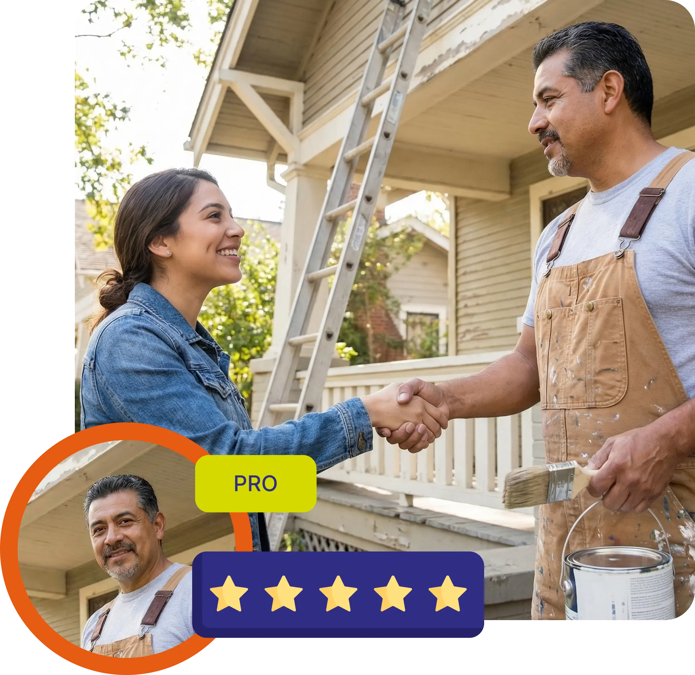 Smiling woman shaking hands with a male painter  found in uSource App holding a brush and paint can on a house porch.