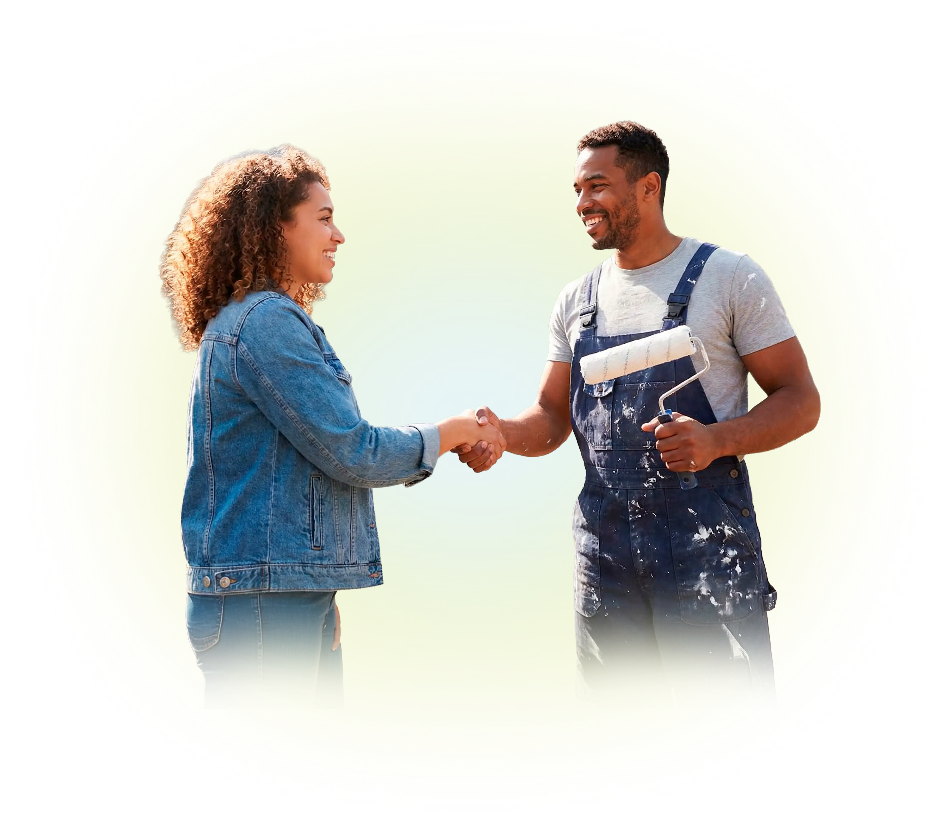 A smiling woman in a denim jacket shaking hands with a painter holding a paint roller hired in the uSource App.