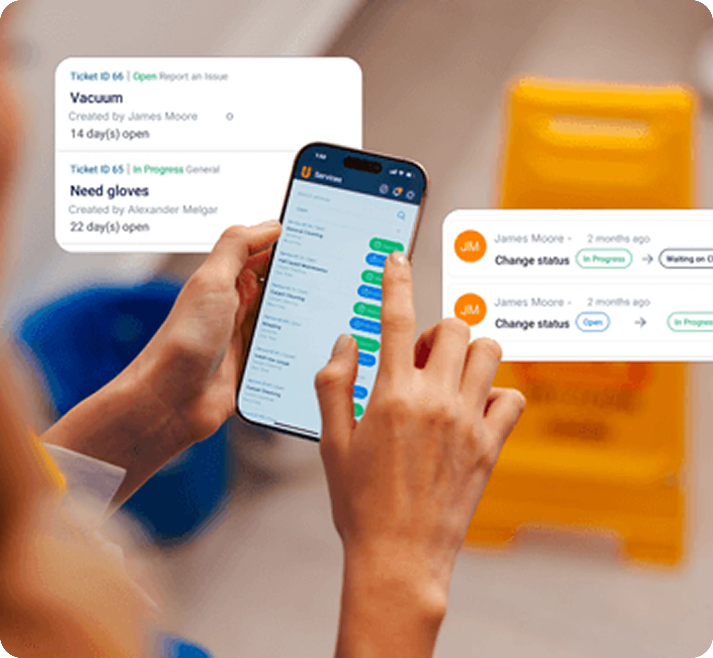 Technician hired in uSource App repairing an open dishwasher in a kitchen while a family interacts in the background. 