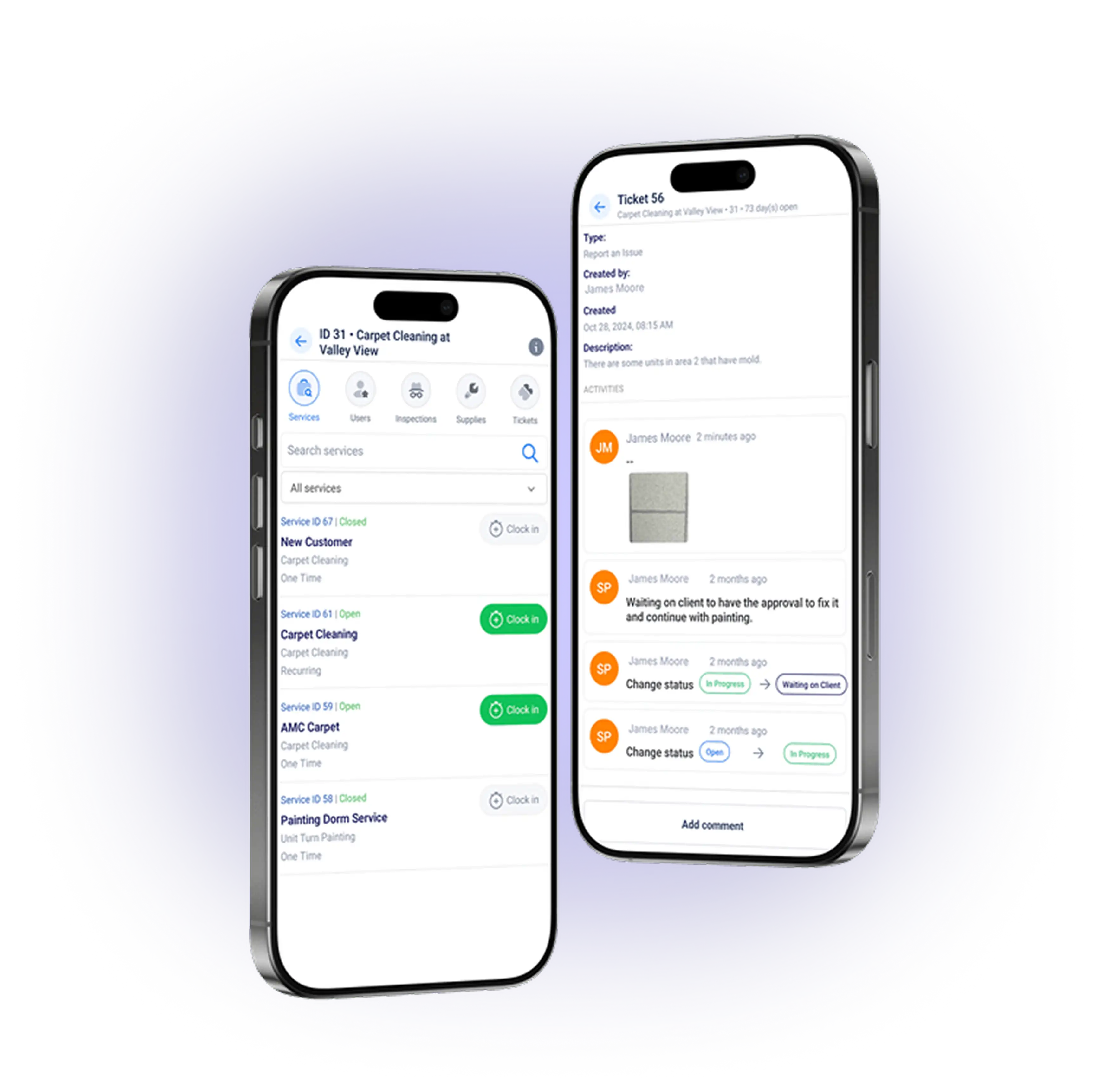 Two smartphones displaying a service management app with lists of cleaning services and ticket details including status updates and comments on uSource Enterprise App.