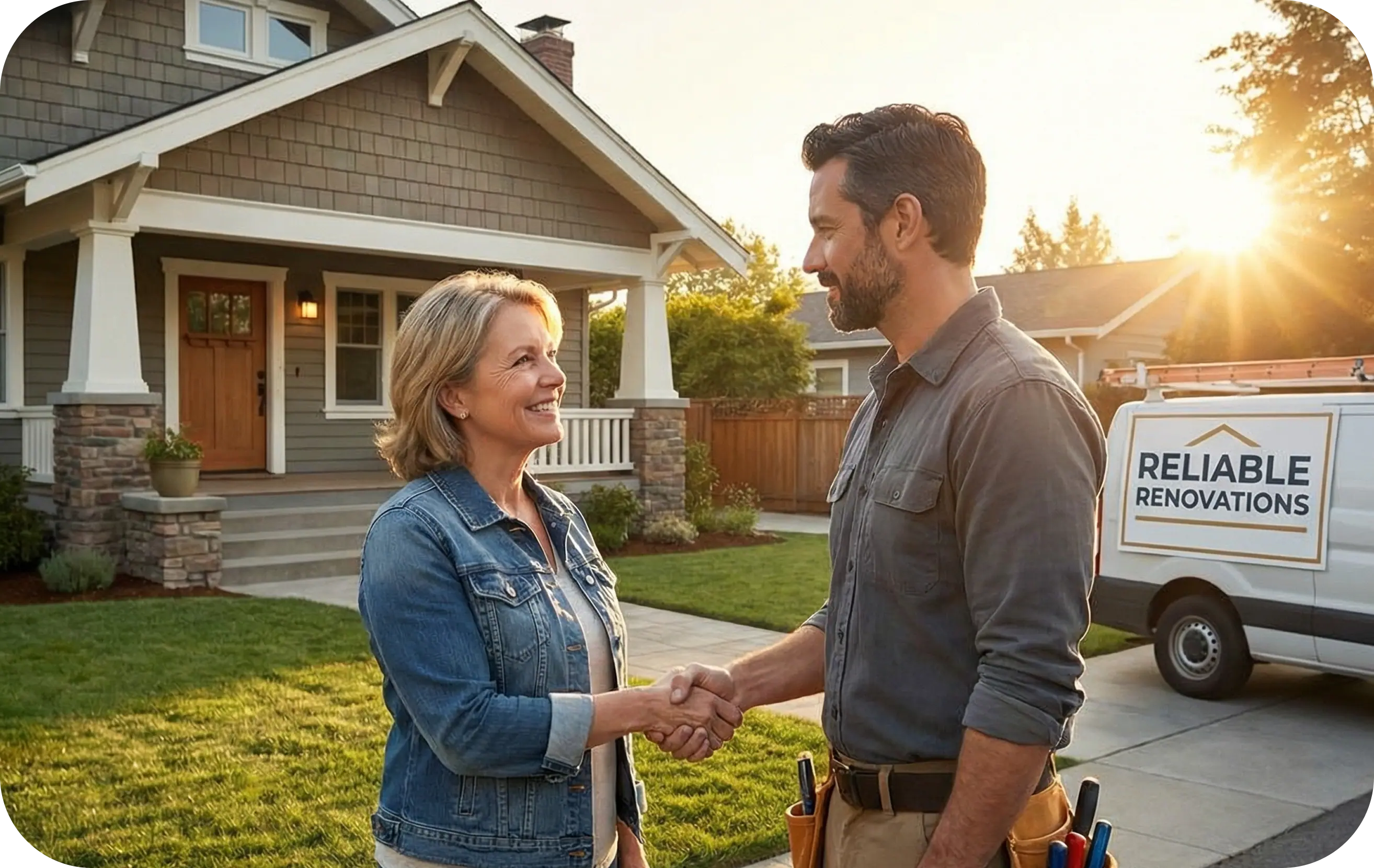 Man with tool belt shaking hands with smiling woman in front of a house with a Reliable Renovations van in the driveway hired on uSource Hub App