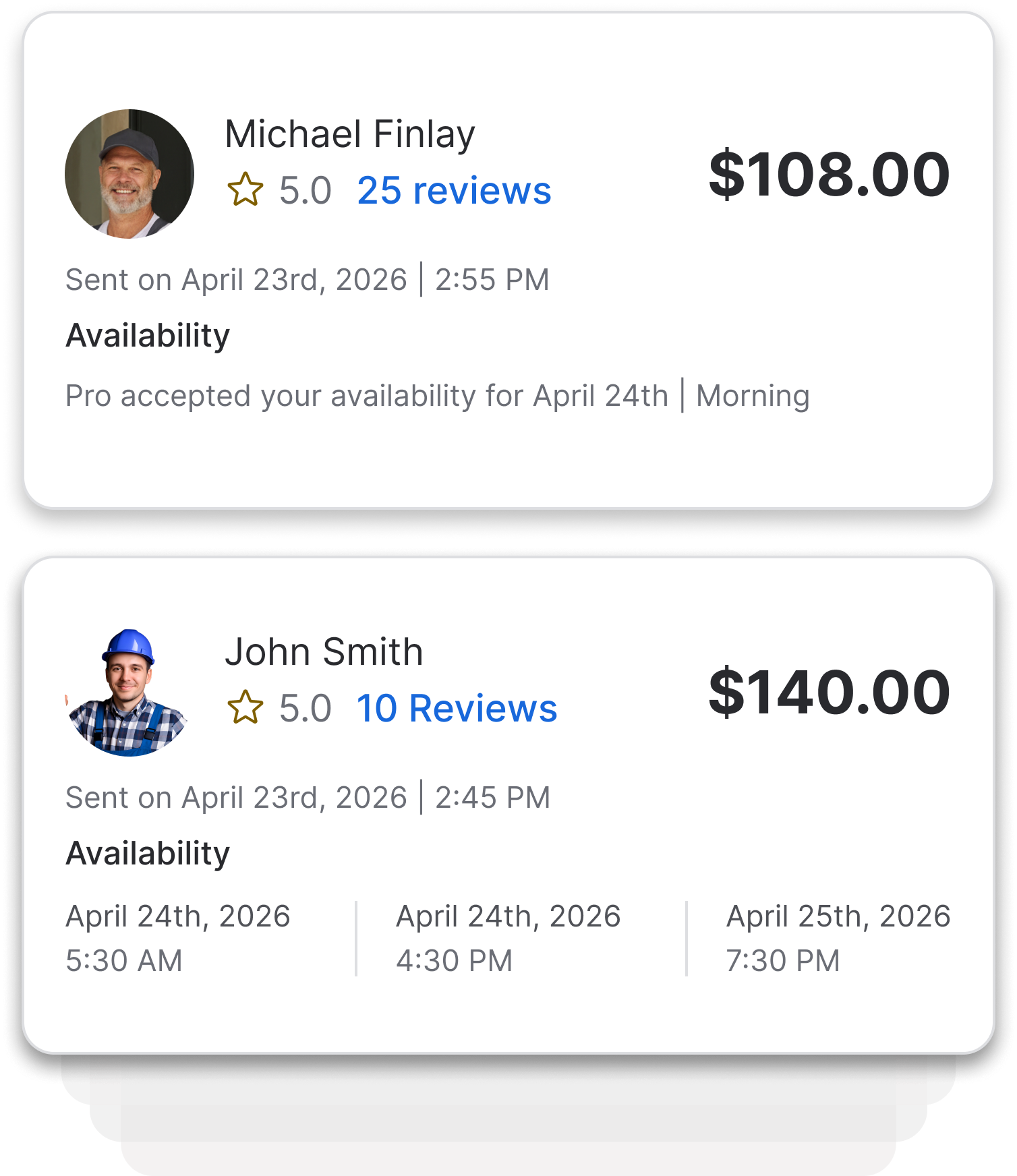 Two professional service cards showing Michael Finlay with 5-star rating and $108 cost, and John Smith with 5-star rating and $140 cost, including availability dates and review counts on uSource Hub App