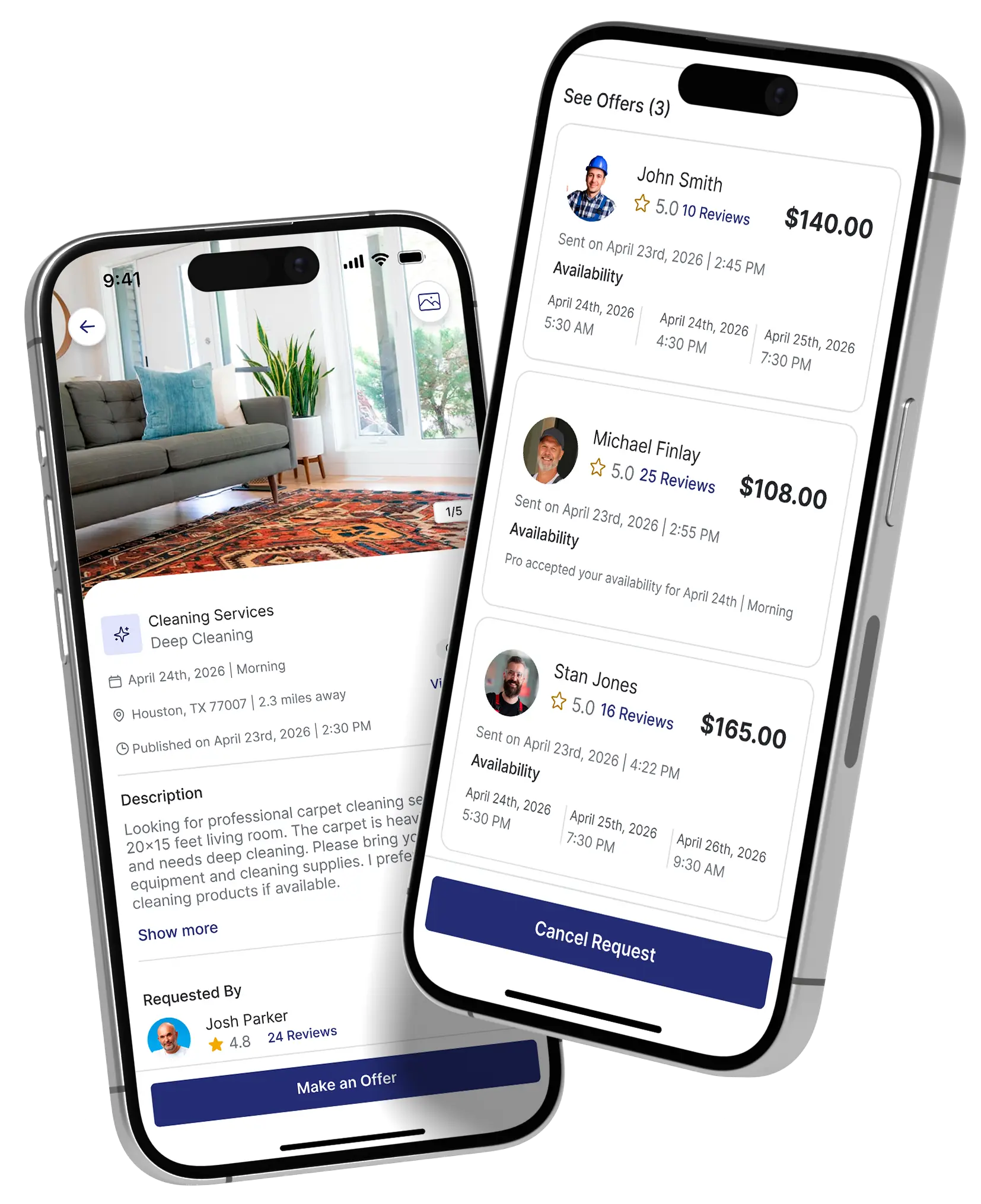 Two smartphones showing a home cleaning service request with details and offers from three professionals including availability, reviews, and prices on uSource App