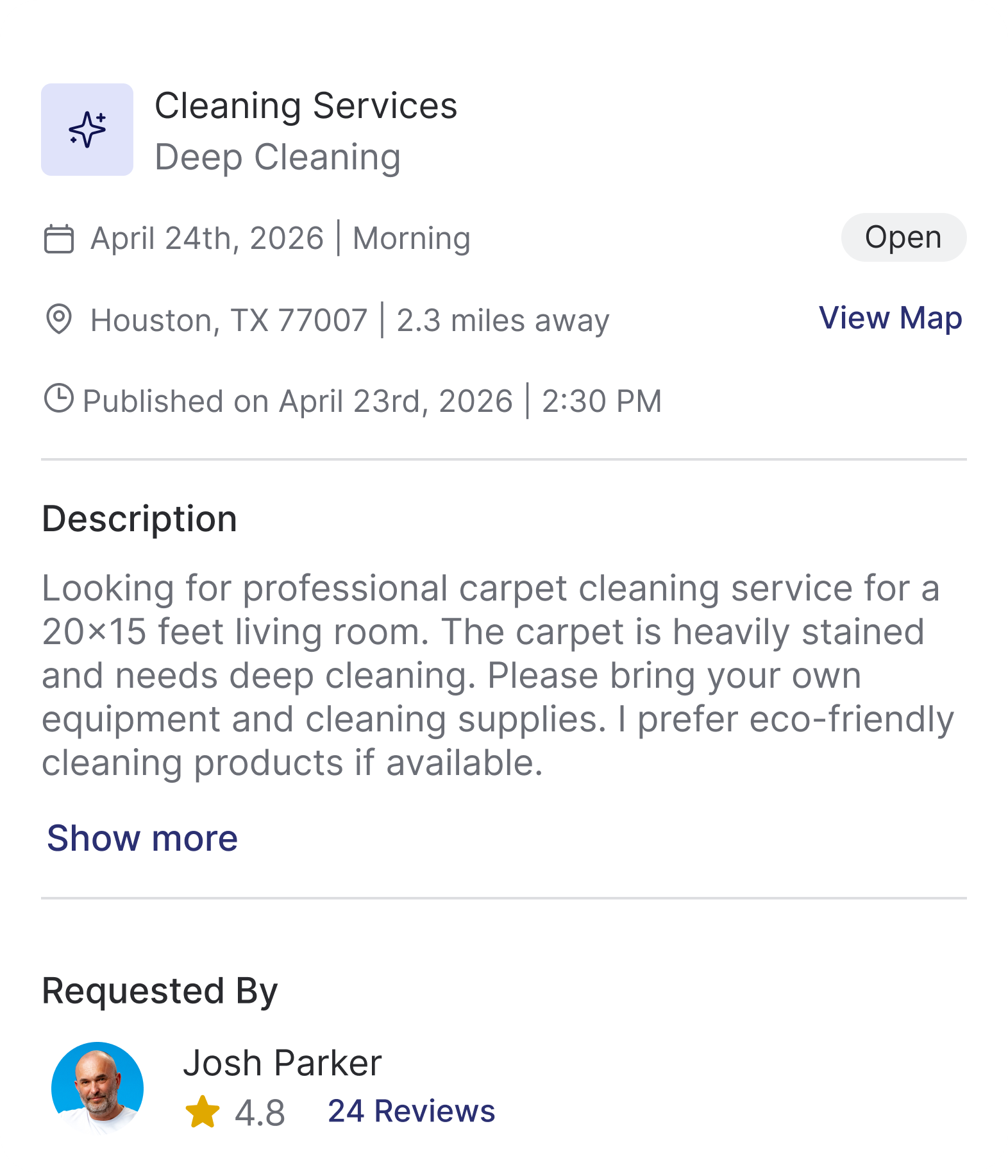 Mobile app screen showing a deep cleaning service request for a 20x15 feet living room carpet in Houston scheduled for April 24th morning, requested by Josh Parker with 4.8 star rating from 24 reviews on uSource Hub App