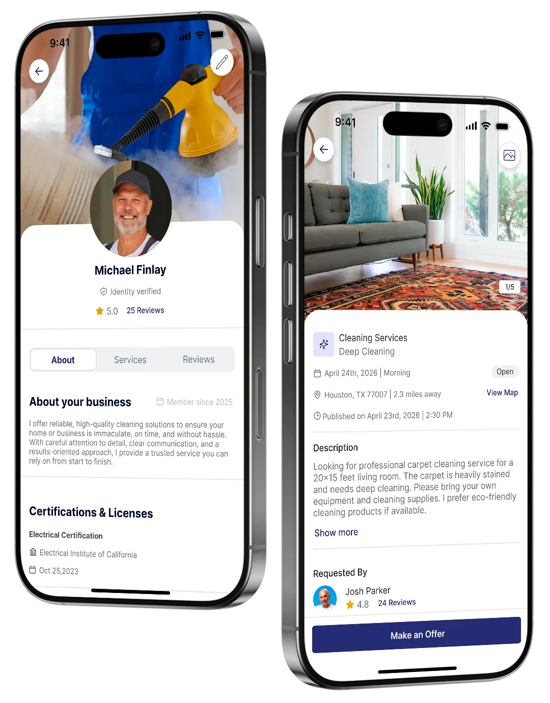 Two iPhone screens showing a cleaning service app: one profile of Michael Finlay with 5-star rating and certifications, the other a cleaning service request for deep cleaning a stained carpet in Houston on uSource Hub App