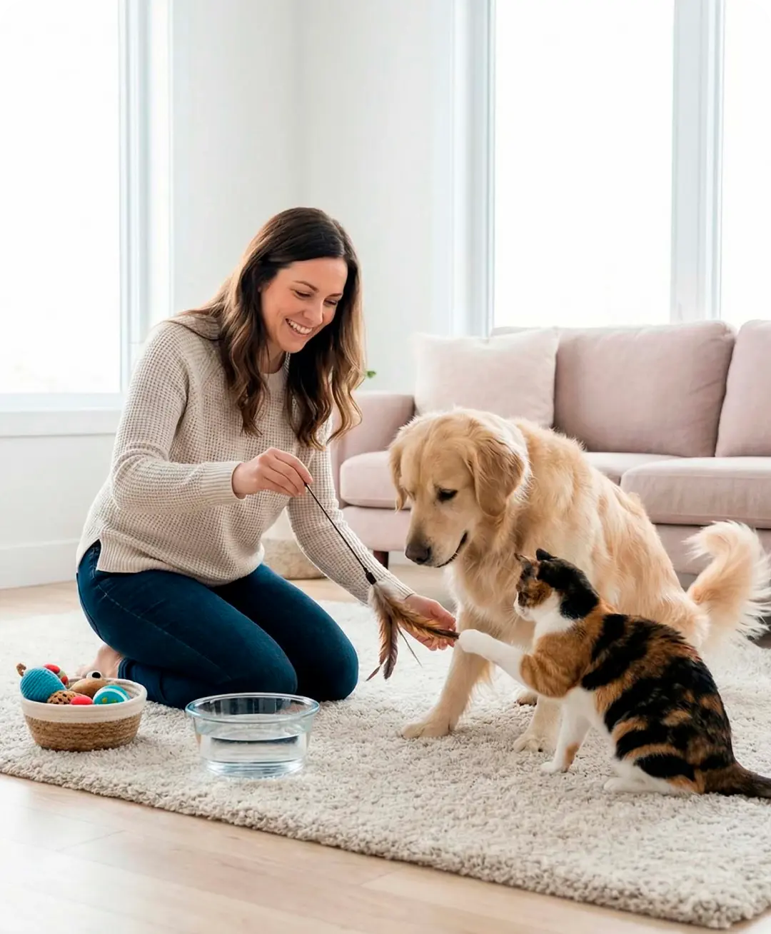Woman kneeling on a rug playing with a golden retriever and a calico cat using a feather toy in a bright living room hired with uSource app