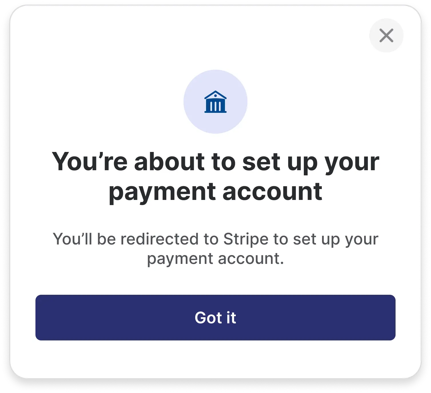 Popup message indicating user is about to set up a payment account and will be redirected to Stripe, with a 'Got it' button on uSource Hub App