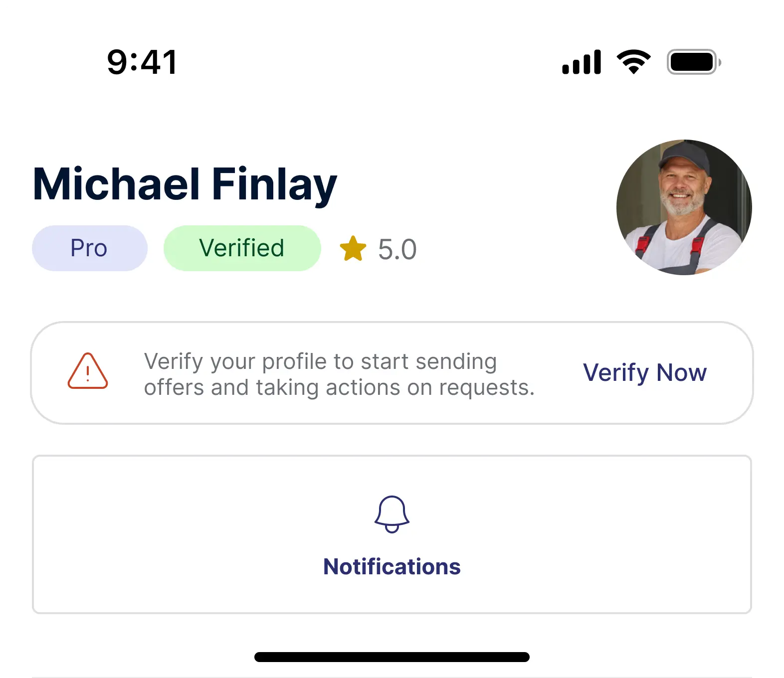 Mobile app profile screen for Michael Finlay, labeled Pro and Verified with a 5.0 star rating, profile picture of a smiling man wearing a cap, and a notification section below on uSource Hub App